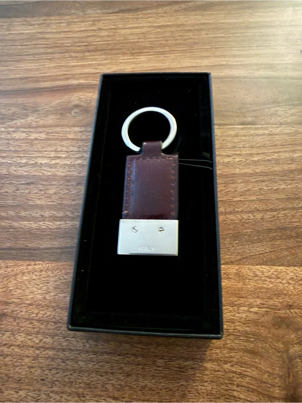 New Tumi Brown Leather Keyring with Silver Metal Plate